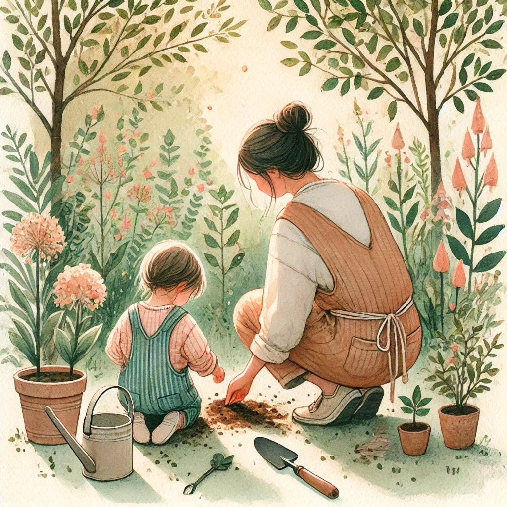 Mother and child gardening together
