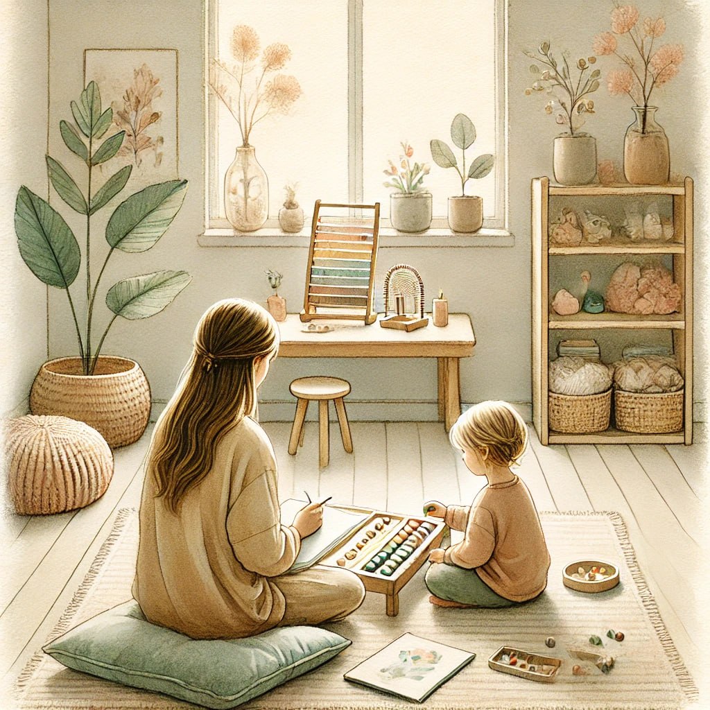 Mother and child homeschooling with Montessori materials