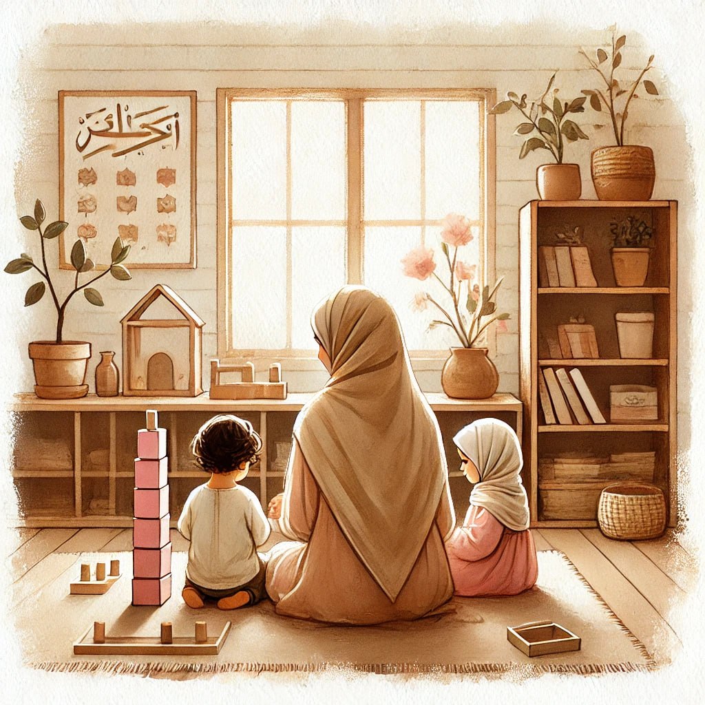 Muslim family learning with Montessori materials